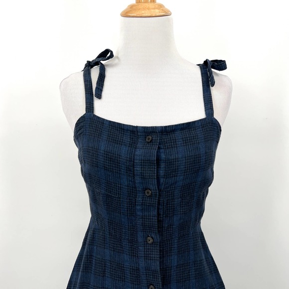 CREATURES OF COMFORT Dress Womens 0 Blue Plaid Linen Button Front Tie Shoulder - Picture 5 of 16